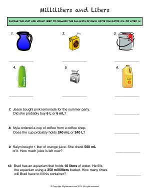 Preview image for worksheet with title Milliliters and Liters