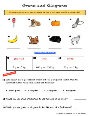 Preview image for worksheet with title Grams and Kilograms