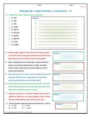 Preview image for worksheet with title Multiply By 1-Digit Numbers: Estimation - II