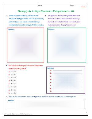 Preview image for worksheet with title Multiply By 1-Digit Numbers: Using Models - III