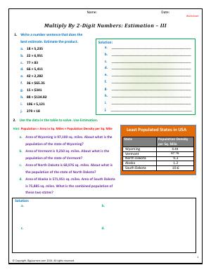 Preview image for worksheet with title Multiply By 2-Digit Numbers: Estimation - III