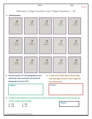 Preview image for worksheet with title Multiply 2-Digit Numbers by 2-Digit Numbers - III