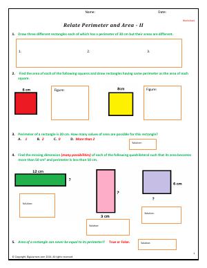 Preview image for worksheet with title Relate Perimeter and Area - II