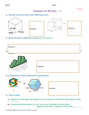 Preview image for worksheet with title Volume of Prisms - I