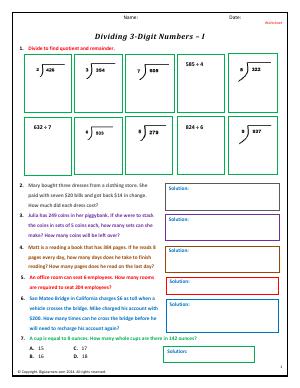 Preview image for worksheet with title Dividing 3-Digit Numbers - I