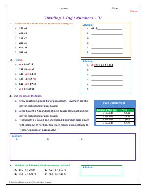 Preview image for worksheet with title Dividing 3-Digit Numbers - III