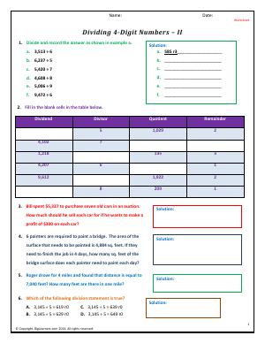 Preview image for worksheet with title Dividing 4-Digit Numbers - II