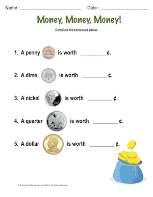 Preview image for worksheet with title Money, Money, Money!