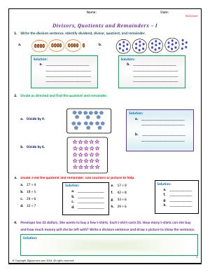 Preview image for worksheet with title Divisors, Quotients and Remainders - I