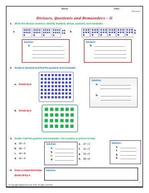 Preview image for worksheet with title Divisors, Quotients and Remainders - II