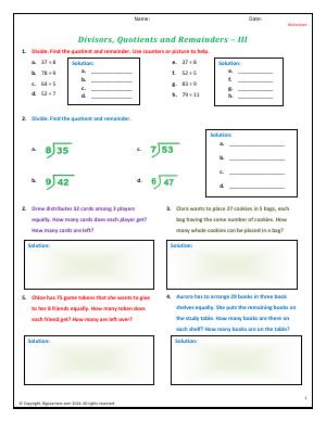 Preview image for worksheet with title Divisors, Quotients and Remainders - III