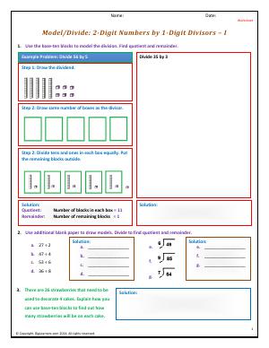 Preview image for worksheet with title Model/Divide: 2-Digit Numbers by 1-Digit Divisors - I