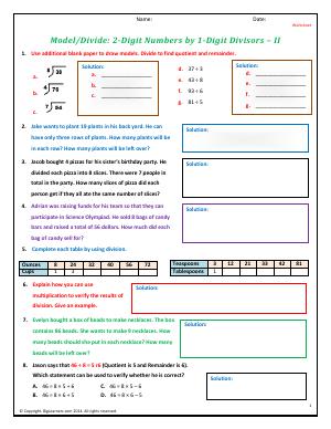 Preview image for worksheet with title Model/Divide: 2-Digit Numbers by 1-Digit Divisors - II