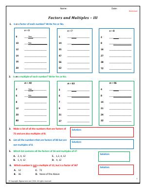 Preview image for worksheet with title Factors and Multiples - III