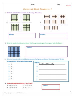 Preview image for worksheet with title Factors of Whole Numbers - I