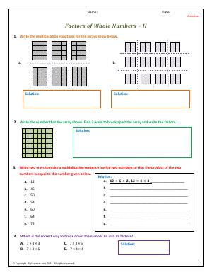 Preview image for worksheet with title Factors of Whole Numbers - II