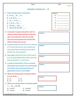 Preview image for worksheet with title Numbers Patterns - II