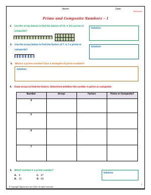 Preview image for worksheet with title Prime and Composite Numbers - I