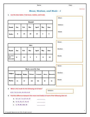 Preview image for worksheet with title Mean, Median, and Mode - I