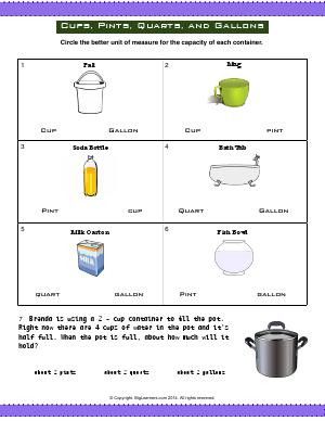 Preview image for worksheet with title Cups, Pints, Quarts, and Gallons