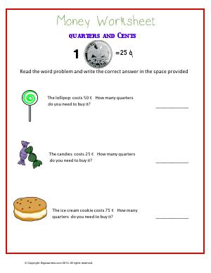 Preview image for worksheet with title Quarters and Cents