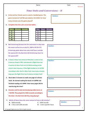 Preview image for worksheet with title Time Units and Conversions - II