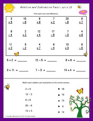 Preview image for worksheet with title Addition and Subtraction Facts - Up to 20