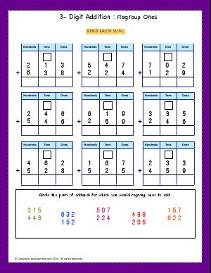 Preview image for worksheet with title 3- Digit Addition : Regroup Ones