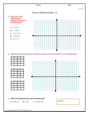 Preview image for worksheet with title Linear Relationships - II