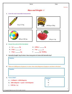 Preview image for worksheet with title Mass and Weight - I