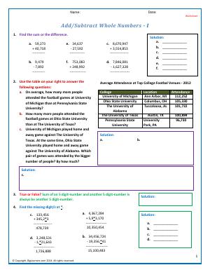 Preview image for worksheet with title Add/Subtract Whole Numbers - I