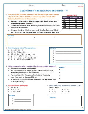 Preview image for worksheet with title Expressions: Addition and Subtraction - II