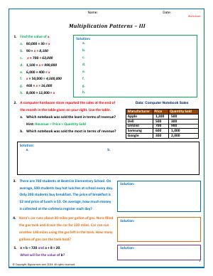 Preview image for worksheet with title Multiplication Patterns - III
