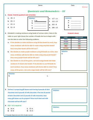 Preview image for worksheet with title Quotients and Remainders - III