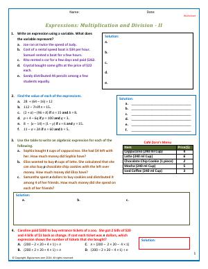 Preview image for worksheet with title Expressions: Multiplication and Division - II