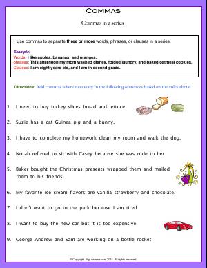 Preview image for worksheet with title Commas (Commas in a series)