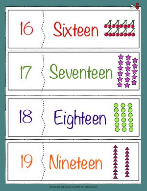 Preview image for worksheet with title Number Names Flashcards ( 16 - 19 )