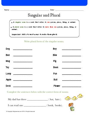 Preview image for worksheet with title Singular and Plural