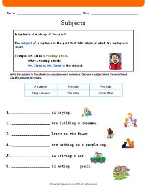 Preview image for worksheet with title Subjects