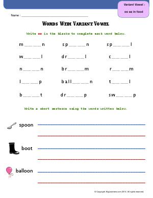 Preview image for worksheet with title Words With Variant Vowel