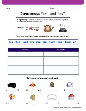 Preview image for worksheet with title Diphthongs “ow” and “ou”