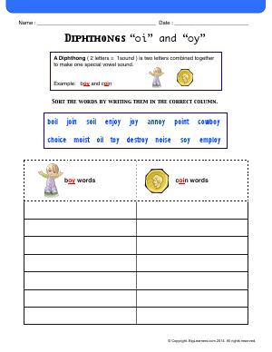 Preview image for worksheet with title Diphthongs “oi” and “oy”