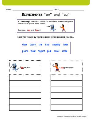 Preview image for worksheet with title Diphthongs “aw” and “au”