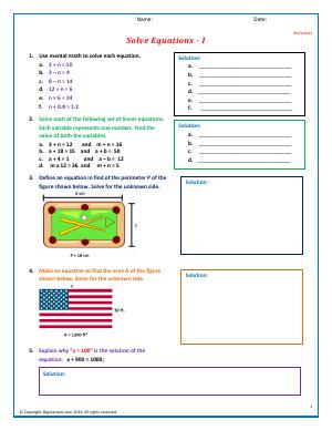 Preview image for worksheet with title Solve Equations - I