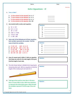 Preview image for worksheet with title Solve Equations - II