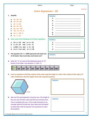 Preview image for worksheet with title Solve Equations - III