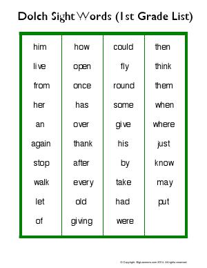 Preview image for worksheet with title Dolch Sight Words (1st Grade List)