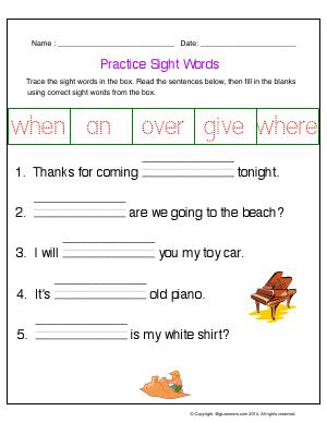 Preview image for worksheet with title Practice Sight Words (when, an, over, give, where)
