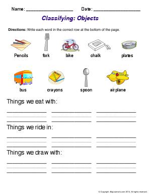 Preview image for worksheet with title Classifying: Objects