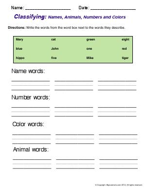 Preview image for worksheet with title Classifying: Names, Animals, Numbers, and Colors